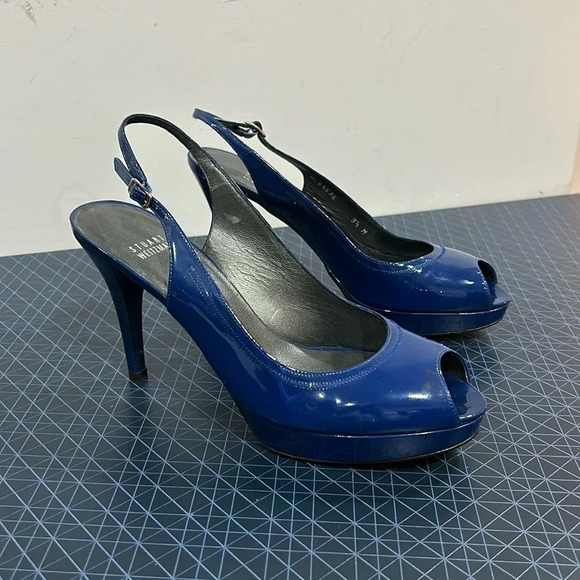 Stuart Weitzman Peep Toe asking Back Leather Pump  Blue - Picture 1 of 9